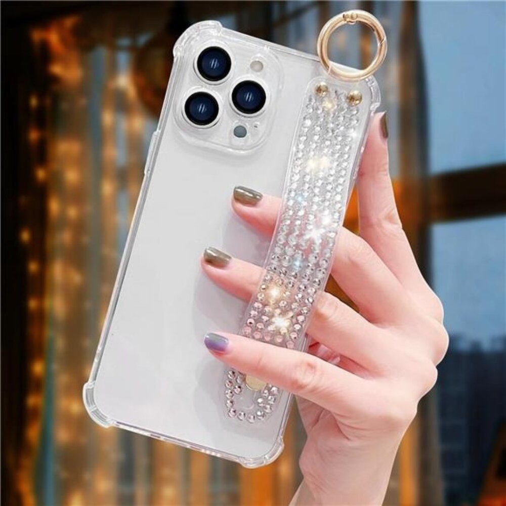 Iphone 16, 16 Pro 16 Pro Max Clear Sparkle Crystal Diamond Wrist Strap Kickstand
